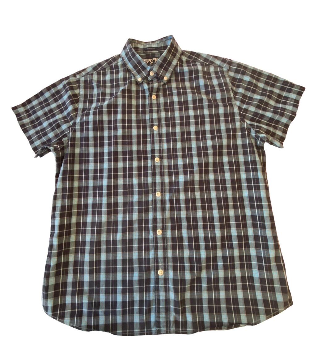 RYE by HAWKER RYE Men's Shirt Reg Short Med Short Sleeve Blue Black Plaid Cotton